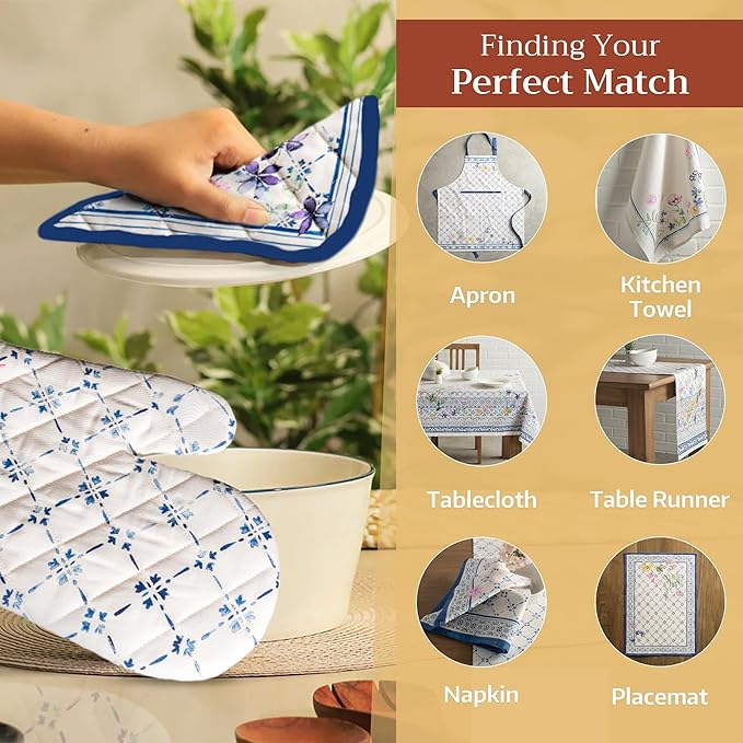 Maison d' Hermine 100% Cotton Oven Mitt & Pot Holder Set (7.5"x13" & 8"x8") Heat Resistant BBQ Cooking Gloves with Loop, Baking, Grilling, Kitchen, Handling Hot Pans Spring/Summer (Faience)