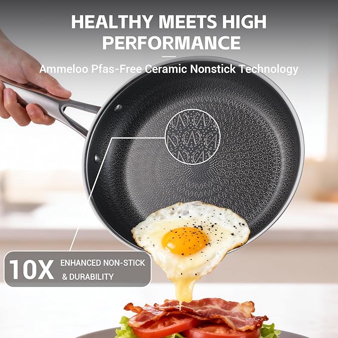 Ammeloo 17 Pcs Nonstick Stainless Steel Cookware Set, Hybrid Stainless Steel Pots and Pans Set Non Stick, Non Toxic Kitchen Cookware Sets, Dishwasher & Oven Safe, Induction & All Cooktop Compatible