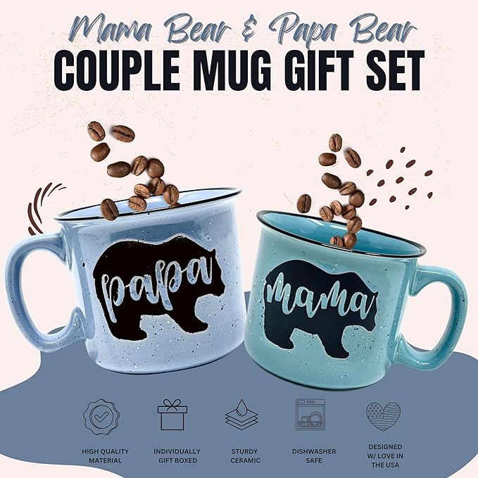 Mama and Papa Bear 15 oz Coffee Mug for Mom, Mother, Wife and Dad - Cute Coffee Cups for Women - Unique Fun Gifts for Her, Mother's Day, Christmas (Mama Bear Teal and Papa Bear Light Blue Gift Set)