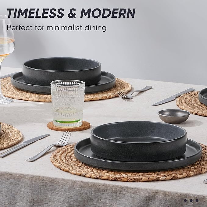 E-far Dinnerware Sets with Pasta Bowls, 24-Piece Stoneware Plates and Bowls Sets for 6 | Microwave & Dishwasher Safe Kitchen Modern Dish Set, Deep Gray