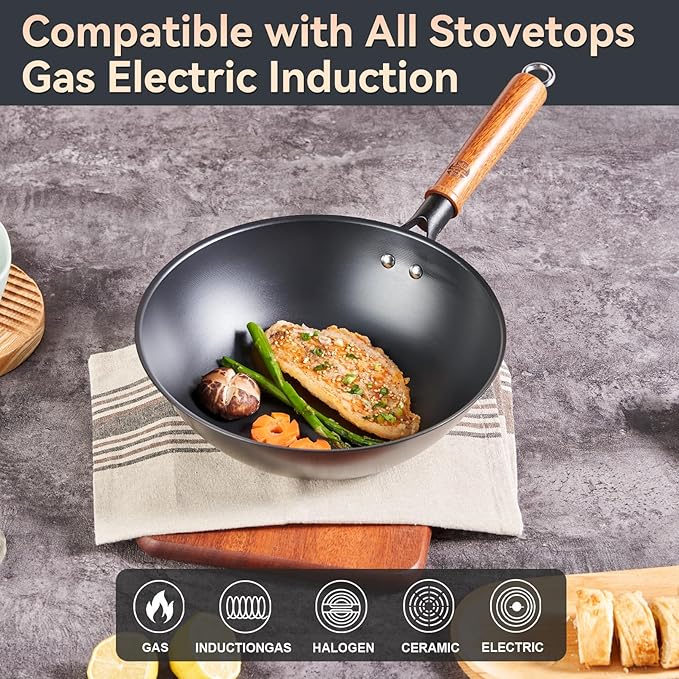 WANGYUANJI 10.2-Inch Lightweight Carbon Steel Wok, Flat Bottom Stir Fry Pan, No Chemical Coating, with Glass Lid, Spatula & Detachable Wooden Handle, for Gas, Electric & Induction