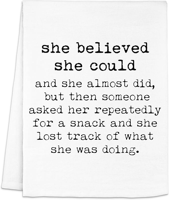 Moonlight Makers Funny Kitchen Towels with Sayings – Housewarming Gifts, Funny Dish Towels, Cotton Flour Sack, Home Decor, Apartment Essentials, Baking Gifts for Women – White, She Believed She Could