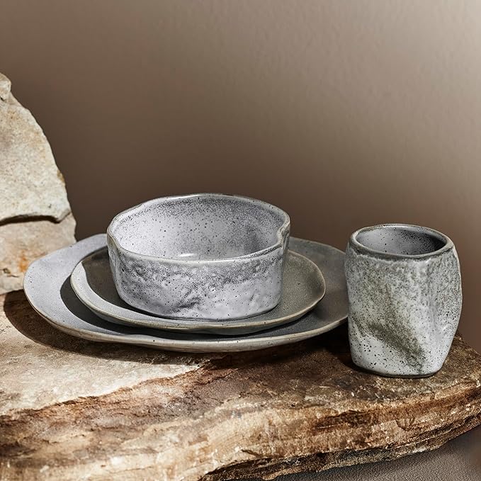 Stone by Mercer Project Atik Modern Stoneware 16-Piece Dinnerware Set, Plate and Bowl Set, Dish set for 4, Grey Speckled
