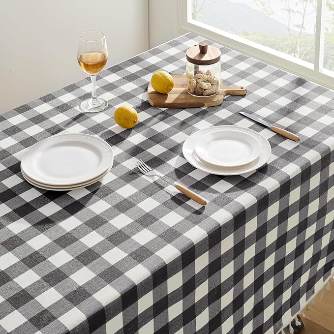 Softalker Checkered Tablecloth Rectangle, Outdoor Linen Cotton Gingham Table Cloth with Tassel, Heavy Duty Wrinkle Free Buffalo Plaid Table Cover for Kitchen Dining Home Party - 55 x 102 Inch, Black