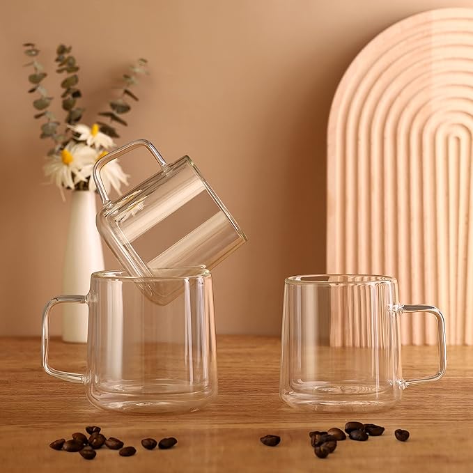 CNGLASS Double Walled Glass Coffee Mugs,15oz(1-pack) Insulated Glass Mugs with Handle,Clear Espresso Cups for Latte,Cappuccino,Tea Bag