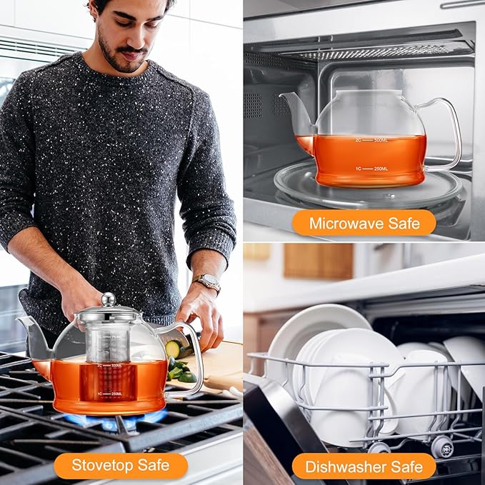 STNTUS Glass Teapot With Infuser, 27 oz / 800 ml for Loose Tea, Stainless Steel Strainer Teapots, Stovetop Safe