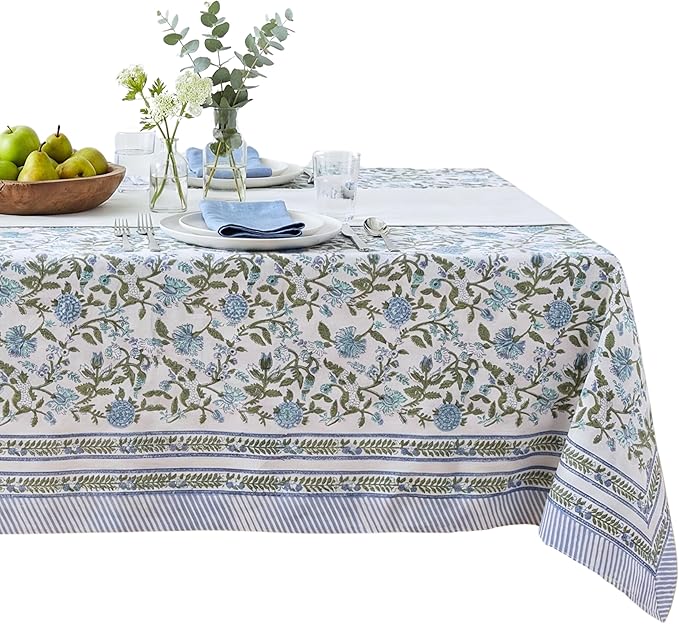 ATOSII Mahoka Blue 100% Cotton Rectangle Spring Tablecloth, Handblock Floral Linen Table Cloth for Kitchen Dining Table I Parties Weddings Outdoors Easter Home Decor 72 X 140 Inches I 12 Seater