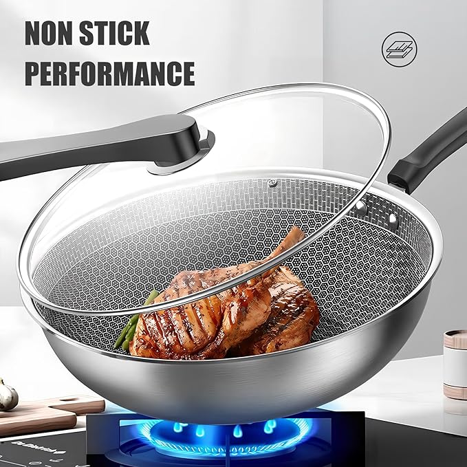 13.4” Stainless Steel Wok Pan with Lid – Honeycomb Non Stick Stir Fry Pan for Induction, Gas, Electric & Ceramic Cooktops – Tri-Ply Deep Frying Wok with Stay-Cool Handle, PFOA-Free