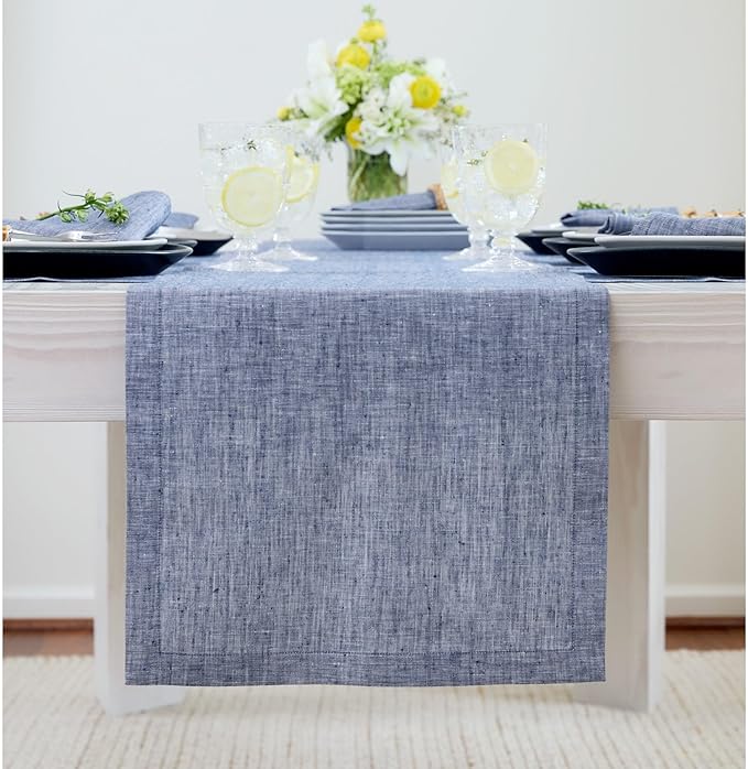 Solino Home Linen Chambray Indigo Table Runner 108 Inches Long - Athena, 100% Pure Linen 14 x 108 Inch Table Runner for Winter, Spring, Easter