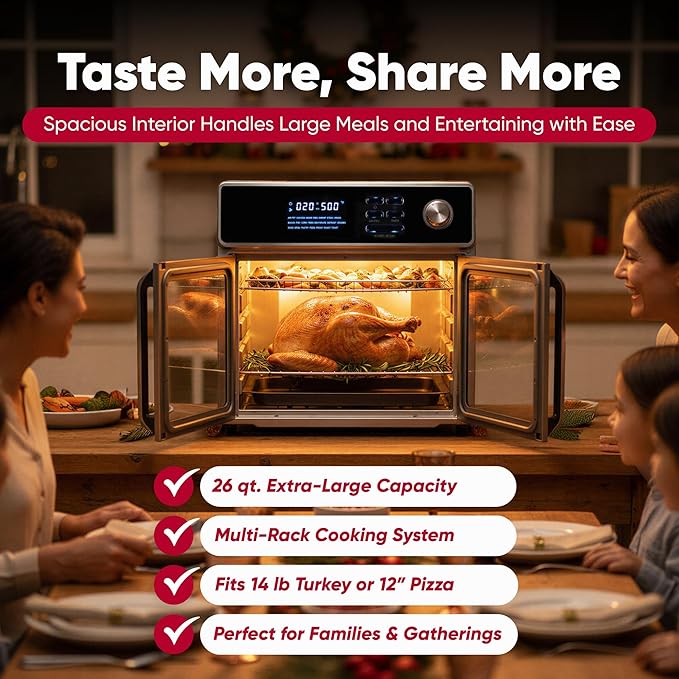 Large Air Fryer Oven 26-Quart |10-in-1 Countertop Stainless Steel Toaster Oven Combo | Non Toxic Family Size Air Fryer - Frying, Baking, Toasting, Dehydrating, Rotisserie | 1700W 360° Heating