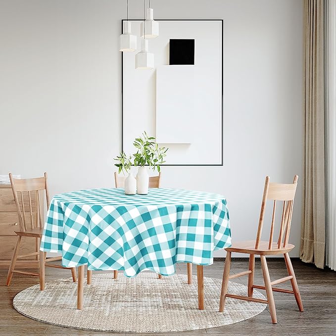 Hiasan Checkered Round Tablecloth 60 Inch - Waterproof Stain and Wrinkle Resistant Washable Fabric Table Cloth for Dining Room Party Outdoor Picnic,Turquoise and White