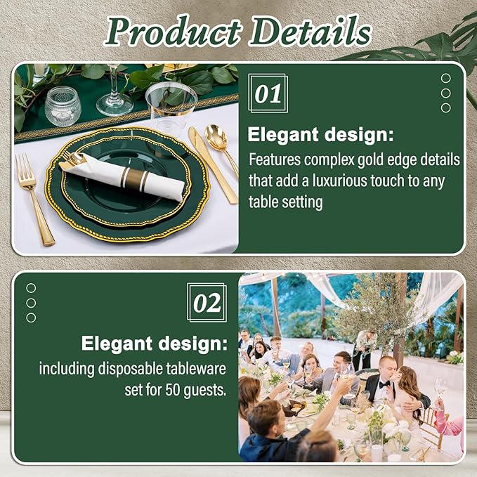 Hioasis 350pcs Green Gold Plastic Plates - Gold Plastic Dinnerware Set Includes 50 Dinner Plates, 50 Dessert Plates, 50 Gold Utensils, 50 Napkins Perfect for Wedding & St. Patrick's Day