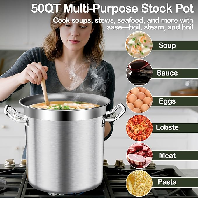 Stockpot, Large Stock Pot, 50 QT Stainless Steel Stockpot with Lid, Stock Pot with Lid – Heavy Duty Cooking Pot for Soup, Commercial Soup Pots, 3-Ply Induction Bottom, Oven Safe