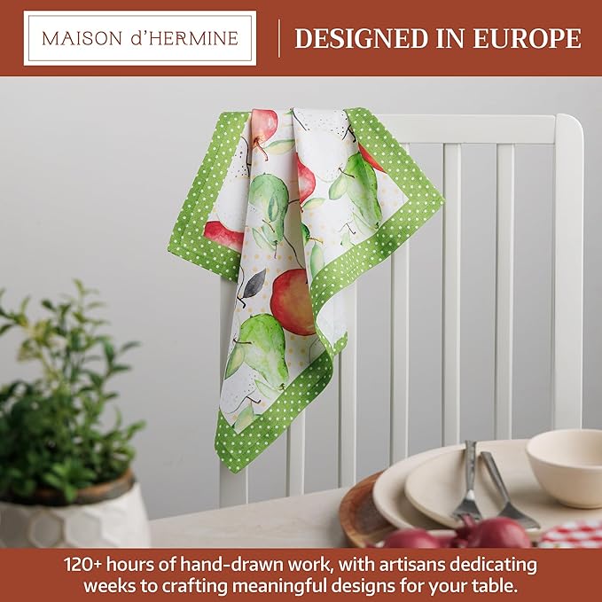 Maison d' Hermine Cloth Napkins Set of 4 100% Cotton Everyday Reusable Square Napkins Cloth Washable Dinner Party Wedding Restaurant Valentines Day Decorations Spring/Summer(Apples & Pears, 18" x 18")