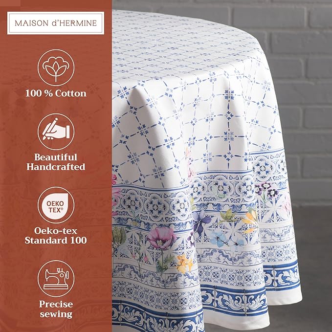 Maison d' Hermine Table Cloth Round Table 100% Cotton 69 Round Inches Tablecloth Reusable Decorative for Dining Room Farmhouse Home Valentines Day Decorations Spring Summer - Faience