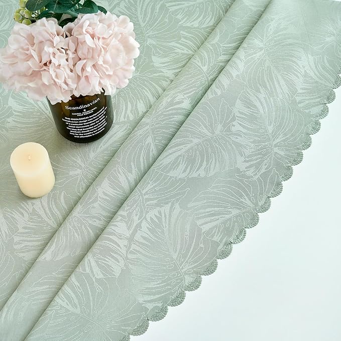 Round Tablecloth 80 Inch Fabric Green Table Cloth Leaves Pattern Scalloped Edge Silky Soft Tablecloth Waterproof Washable Table Cover for Kitchen Dining Outdoor Birthday Party Banquet