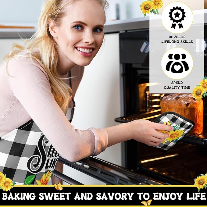 Hoolerry 6 Pcs Kitchen Apron Dish Towels Oven Mitts and Pot Holders with Spatula for Women Wife Grandma Cooking Baking Gifts