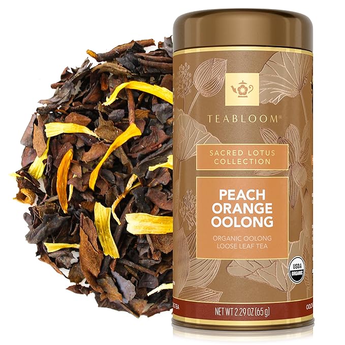 Teabloom Organic Oolong Tea, Peach Orange Loose Leaf Tea, USDA Certified Organic, Fresh Whole Leaf Blend in Reusable Gift Canister, 2.29 oz/65 g Canister Makes 35-50 Cups