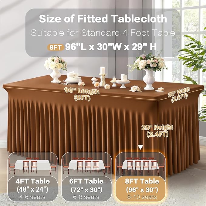 2 Packs Brown Spandex Tableclothes for 8 Foot Rectangle Table, Spandex Table Covers 8FT Stretch Table Skirts Wrinkle Free Fitted Table Cloth for Event, Wedding, Banquet & Parties