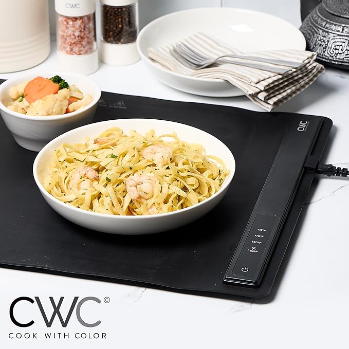 COOK WITH COLOR 350W Electric Food Warming Mat - Portable Food Warmer Tray with Adjustable Temperature, Fast 60-Second Heating, Auto Shut-Off, Rollable Silicone Pad for Parties & Everyday Use, Black