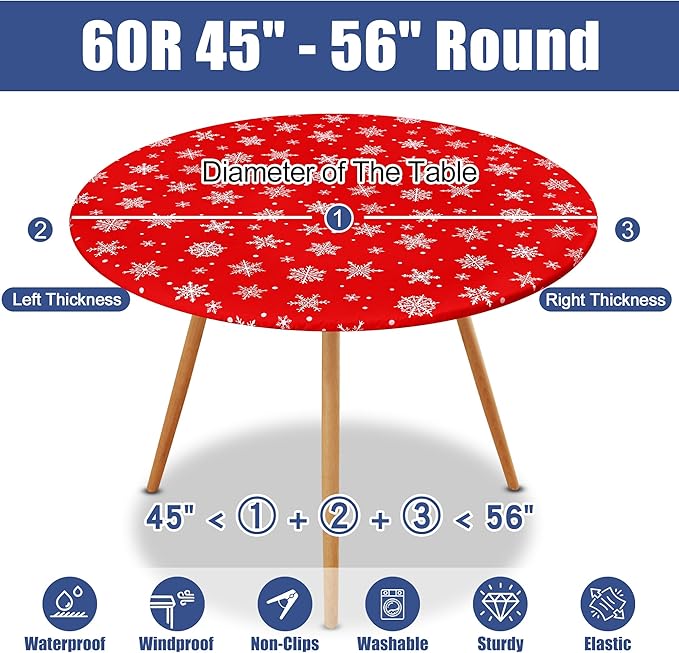 Round Spandex Christmas Tablecloth, Elastic Fitted Waterproof Tablecloths for 45"-56" Tables, Stretch Washable Picnic Table Cover for Christmas Dinner, Dot Snowflake