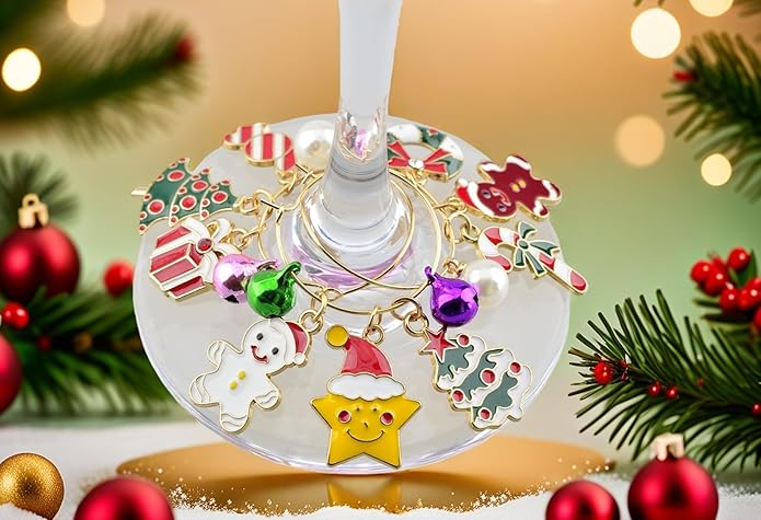 Wine Glass Charms Kit Wine Charms for Stem Glasses Identification Markers for Stem Glasses Tasting Party Favors & Holiday Decorations 300pcs Christmas Charm with Jingle Bell Pearls Letters