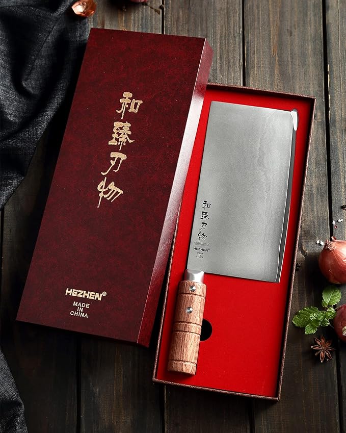 HEZHEN 8”Cleaver Knife, 3 Layers Composite Clad Steel Chinese Chef Knife, Stainless Steel Butcher Knife Meat Slicing Chef Kitchen Knife, Padauk Wood Handle