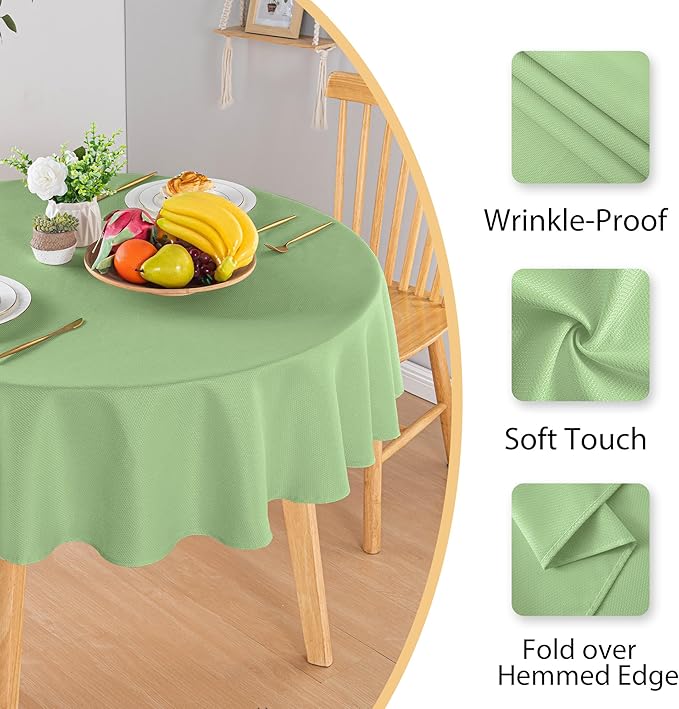 Hiasan Round Textured Tablecloth 60 Inch - Waterproof Spillproof Antiwrinkle Jacquard Table Cloth, Decorative Polyester Table Cover for Kitchen, Outdoor Picnic, Holiday and Parties, Light Sage Green