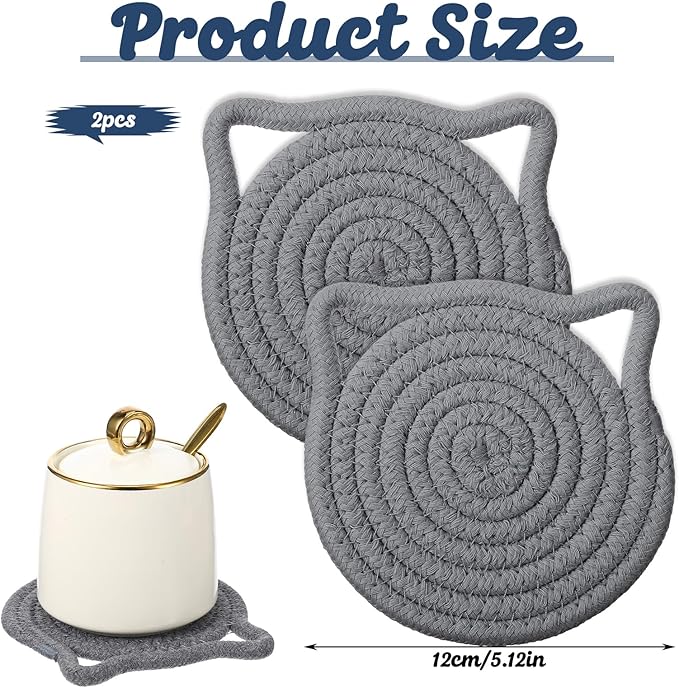 2 Pcs Cute Coasters for Desk, Cat Coasters, 5.12 in Cat Ear Shaped Coaster, Absorbent Handmade Fabric Drink Coaster for Coffee, Hot Tea Drink Juice, Protect The Wooden Tabletop Surface (Grey)