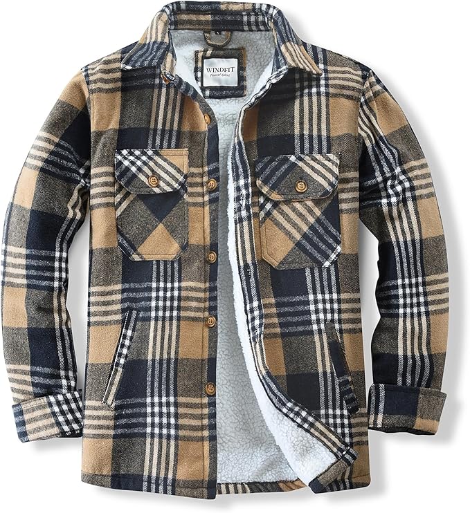 Men's Cotton Sherpa Lined Button Down Flannel Shirt Jacket Plaid Soft Outdoor Flannel Jacket Shirt