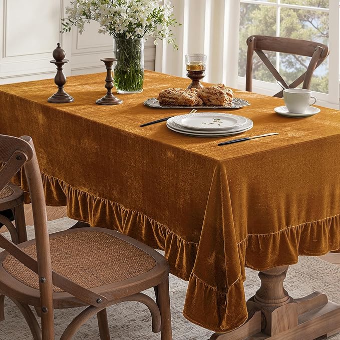 MIULEE Velvet Table Cloth with Decorative Ruffle Edge Luxurious Soft Washable Rectangular Tablecloth Thick Wrinkle-Resistant Oblong Table Cover for Kitchen Dining Party Wedding 52x70 Inch, Gold