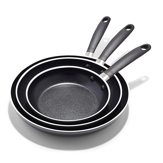 OXO Non-Stick Every Day Frying Pan Set, BPA-Free Comfort Grip Silicone Handles, Dishwasher & Oven Safe, PFAS-Free Ceramic Skillets, Black, 8”, 10” & 12”