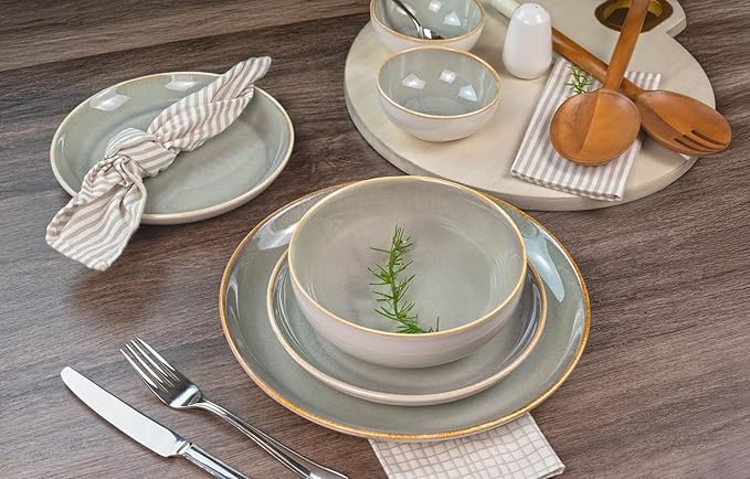 Sango 16-Piece Stoneware Dinnerware Set for 4, Glossy Cream/Green Plates and Bowls Sets with Reactive Glaze, Ceramic Dish Set, Modern Dishes for Everyday Use, Microwave & Dishwasher Safe, Resona Moss