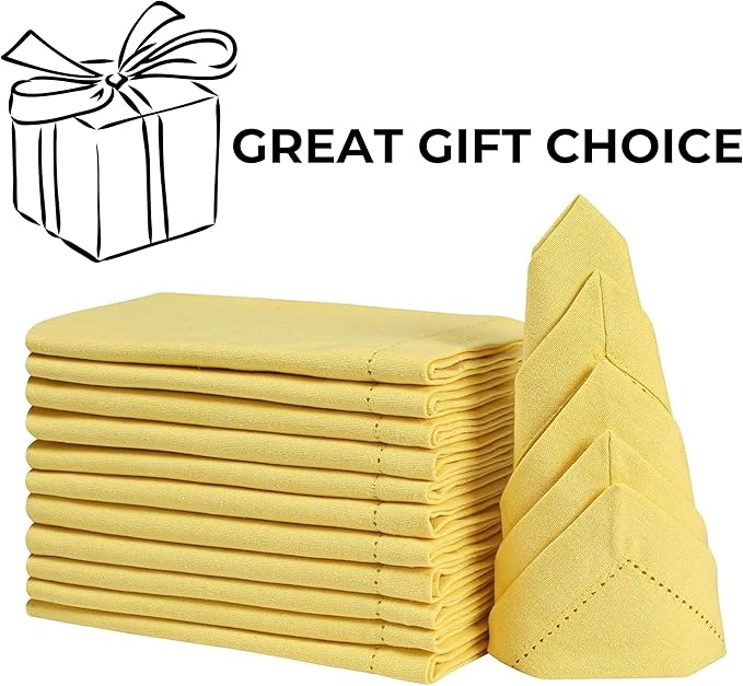 Homidate Cotton Dinner Napkins Set of 12 – 18x18 Sand Yellow with Hemstitched Mitered Corners – Machine Washable Fabric Napkins for Thanksgiving, Weddings & Cocktails