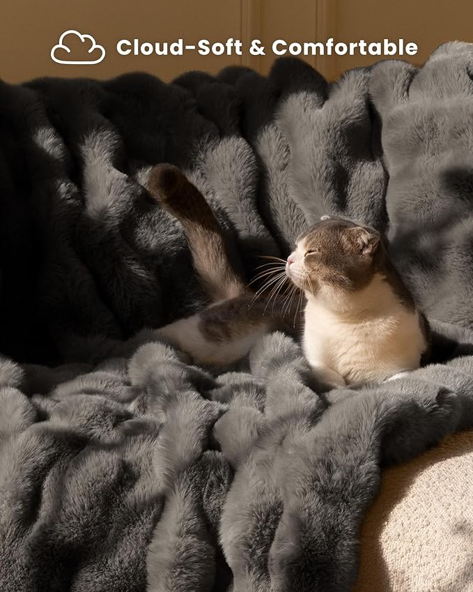 Ultra Soft Cozy Faux Fur Throw Blanket-Fuzzy Plush Thick Bubble Blanket, Fluffy Blanket for Couch, Sofa, Bedroom, and Living Room, 50x60 Inches, Dark Grey Taupe