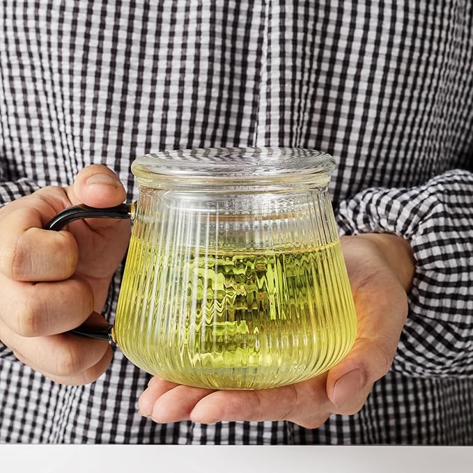 Lezero Tea Infuser Cup with Filter and Lids, Borosilicate Glass Mugs with Strainer for Blooming & Loose Leaf, Lead-free, Microwave & Dishwasher Safe, 14oz