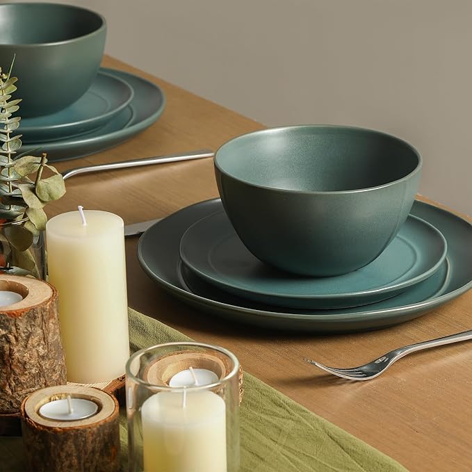 Stone Lain Infinity 12-Piece Dinnerware Set Stoneware, Plates and Bowls Set, Dishwasher and Microwave Safe, Dish Set for 4, Green