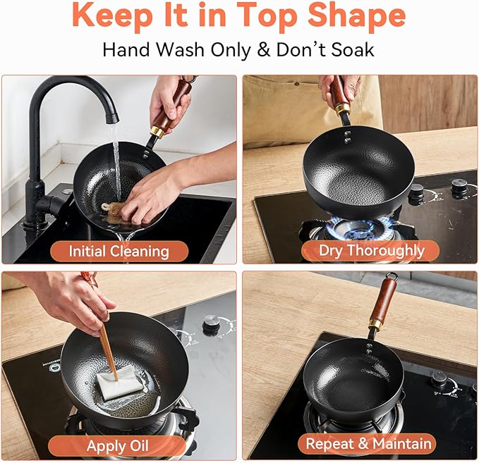 WANGYUANJI 8 Inch Hammered Iron Stir Fry Pan for 1–2 Servings, Removable Beechwood Handle, Traditional Small Wok for Searing, Sautéing, Stir-Frying – Non-Coated, Stovetop Compatible