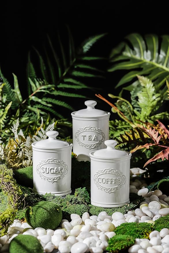 Relief Vine Ceramic Canisters Sets For The Kitchen For Countertop Set of 3 Airtight Coffee Canisters For Ground Coffee Sugar Container Storage Jars With Lids Farmhouse Decor Tea caddies