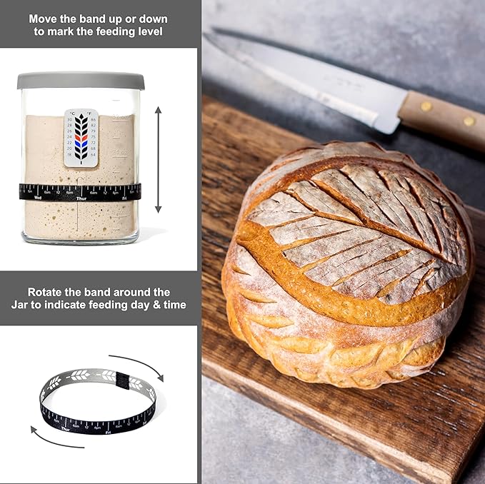 Premium Sourdough Starter Jar - 40oz Large Sourdough Jar with Marked Feeding Band, Thermometer, Scraper, Cloth Cover and Silicone Lid/Base, Wide Mouth Starter Kit - Grey