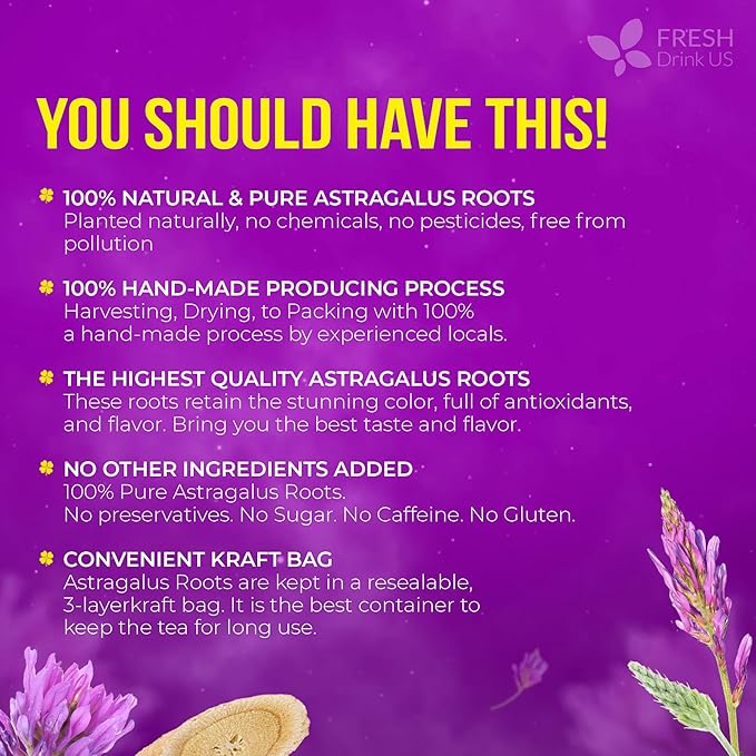 FreshDrinkUS, Premium 16oz Dried Astragalus Root Slices – 100% Natural Astragalus Root for Herbal Tea & Traditional Beverages – Natural, Clean Cut, No Additives. No Preservatives. Vegan