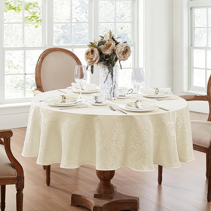Elrene Home Fashions Caiden Elegance Damask Waterproof, Stain & Wrinkle Resistant Fabric Tablecloth, 70" Round, Ivory