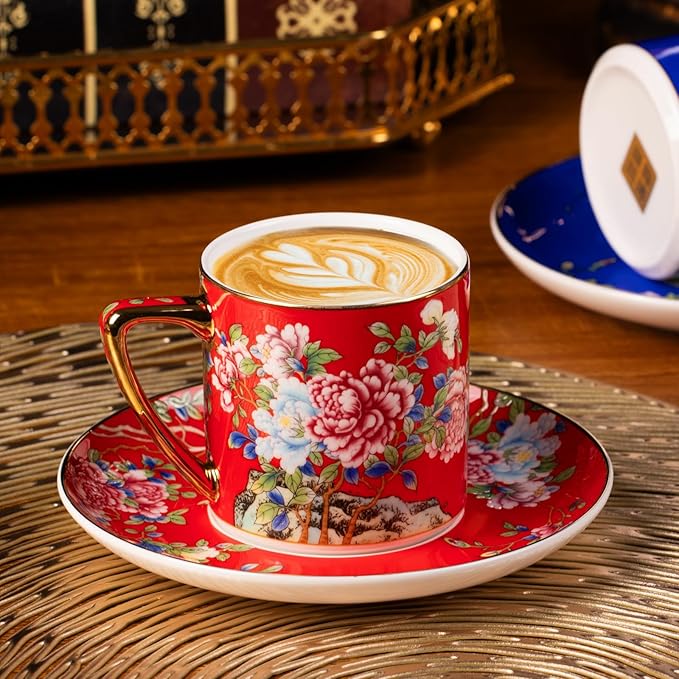 KAMMAK Tea Cups and Saucers Set of 2, Porcelain Coffee Cups with Saucer for Espresso, Cappuccino, 7.5oz Vintage Red and Blue Ceramic Novelty Mug for Home, Tea Party, Office