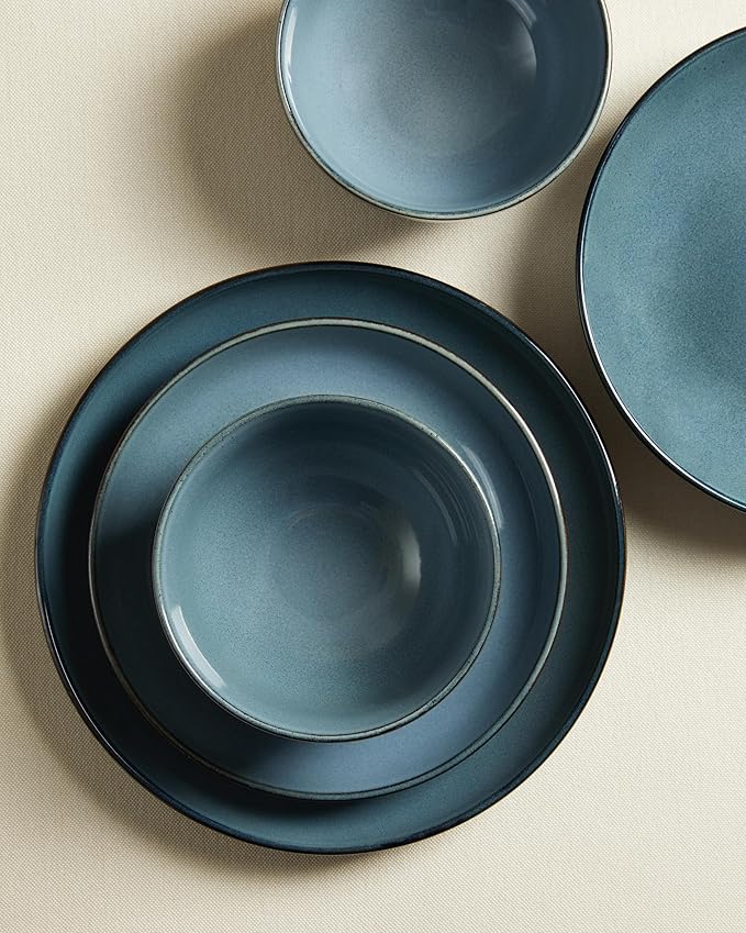Santorini Mist Terracotta Reactive Glaze Plates and Bowls Sets, Stoneware Dinnerware Sets, Microwave and Dishwasher Safe Ceramic Dish Set Service for 4, Jeans Blue