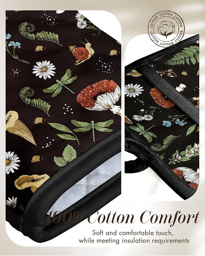 Cotton Oven Mitts and Pot Holders Sets - Quilted Lining Heat Resistant 4 Pieces Set with Hanging Loop Cute Farmhouse Boho Spring Kitchen Decor and Accessories, Black Mushroom
