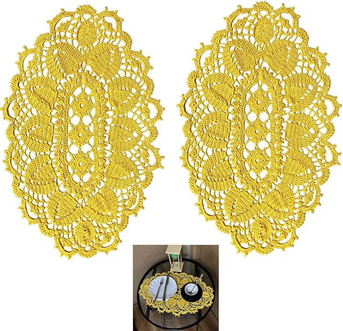 BIBITIME Lace Tablecloth Doily Handmade Crochet Placemat Women Vase Mat Kitchen Table Runner (2PCS- 12 x 22 in, Yellow)
