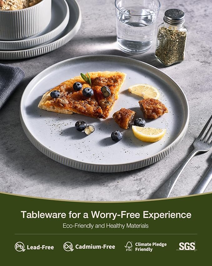 Famiware Star Dinnerware Set, Plates and Bowls Sets for 4 (12pcs), Ribbed Stoneware Dishes - Chip & Scratch Resistant, Microwave & Dishwasher Safe, Matte Gray