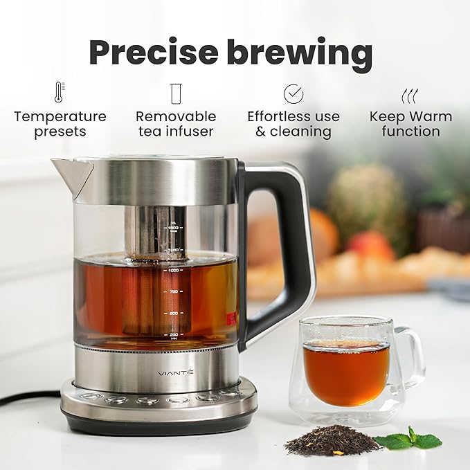 Vianté Electric Kettle With Infuser For Loose Leaf. Hot Tea Maker With Temperature Control And Automatic Shut Off. Tea Kettle With Brewing Programs. 1.5 Liters Capacity