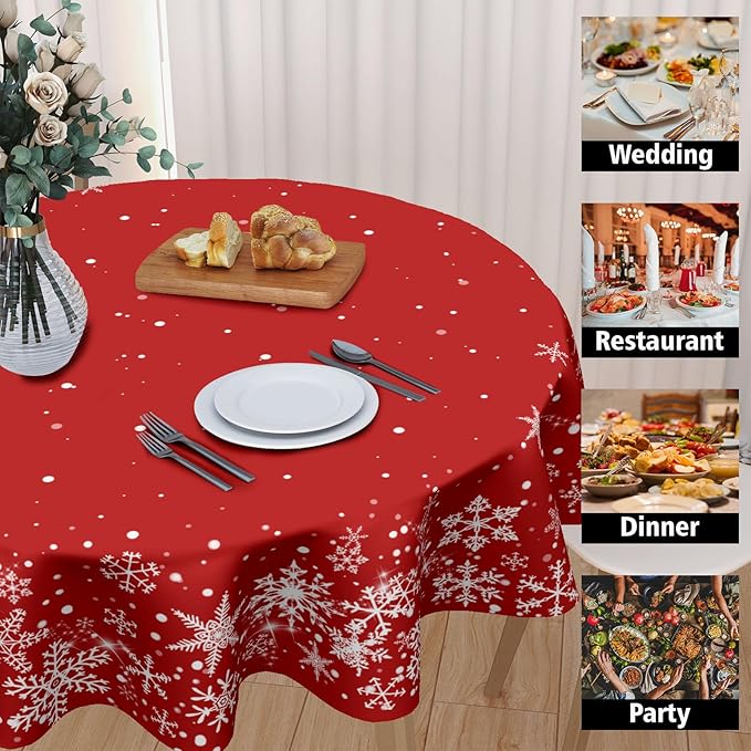 Red Christmas Snowflake Tablecloth Round 70 Inch Xmas Holiday Theme Circle Table Cloth Winter Decorative Table Cover for Kitchen Dinner Home Decor