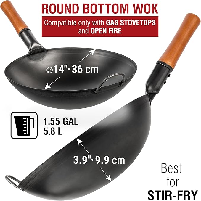 YOSUKATA Black Carbon Steel Wok Pan 14" (Round Bottom) With Lid 13.6 Inch - Premium Stainless Cover + Pre-Seasoned - Blue Carbon Steel 17-inch Spatula, Ladle, 3 Pairs of Chopsticks